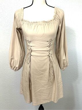 Lulu's Beige Lace-Up Peasant Mini Dress Renaissance Milkmaid Corset Medieval S